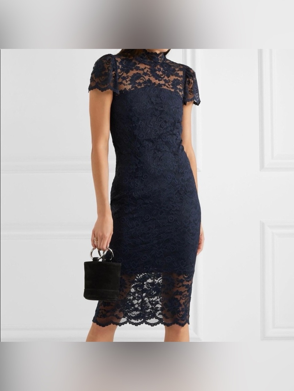 Ganni Flynn Navy Blue Lace High Neckline Midi Dress Size